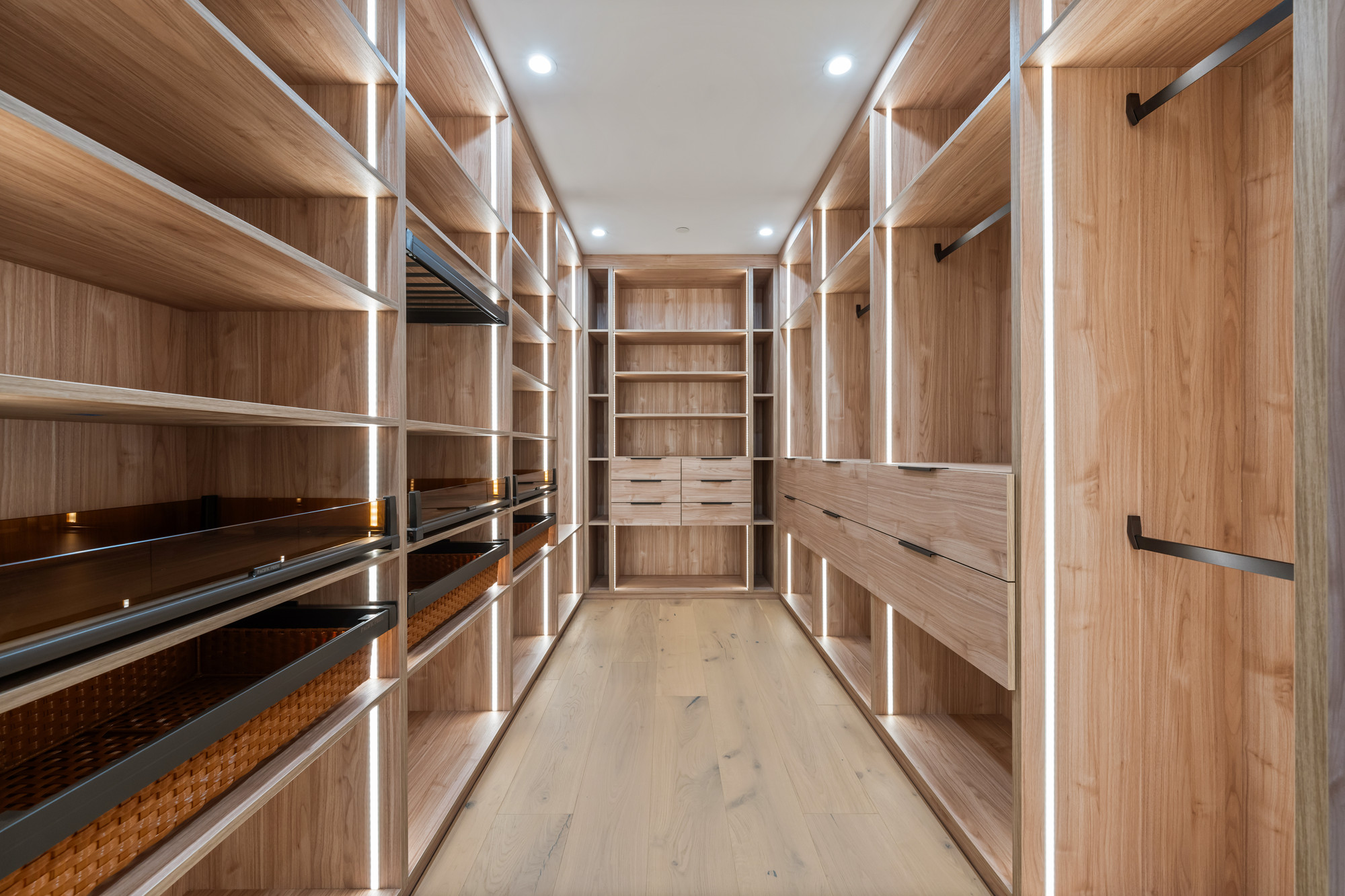 White oak walk-in closet with integrated LED